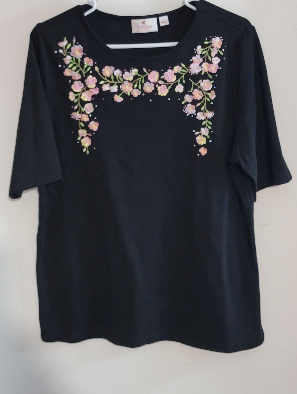 Quacker Factory Black Short-Sleeve Top with Pink Floral Embroidery NWOT
